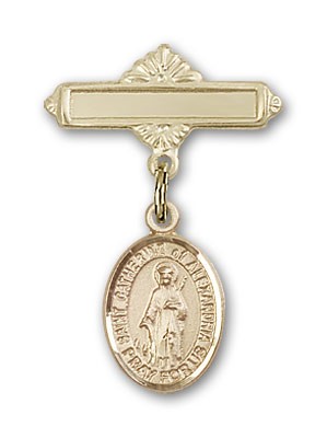 Pin Badge with St. Catherine of Alexandria Charm and Polished Engravable Badge Pin - Gold Tone