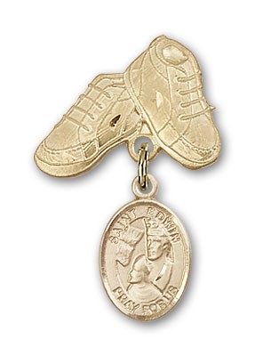 Pin Badge with St. Edwin Charm and Baby Boots Pin - Gold Tone