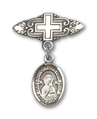 Pin Badge with Our Lady of Perpetual Help Charm and Badge Pin with Cross - Silver tone