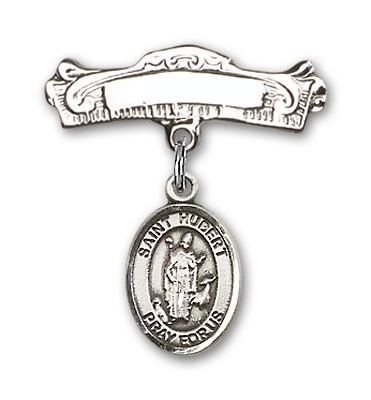 Pin Badge with St. Hubert of Liege Charm and Arched Polished Engravable Badge Pin - Silver tone