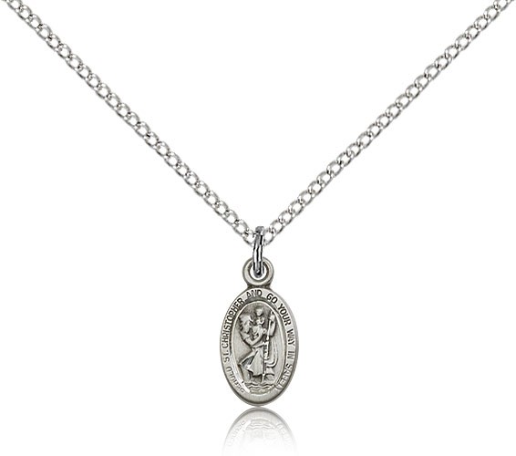 Charm Size Blue Enamel Center St. Christopher Necklace - Sterling Silver