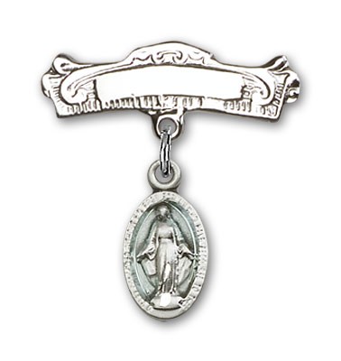 Pin Badge with Blue Miraculous Charm and Arched Polished Engravable Badge Pin - Silver | Blue