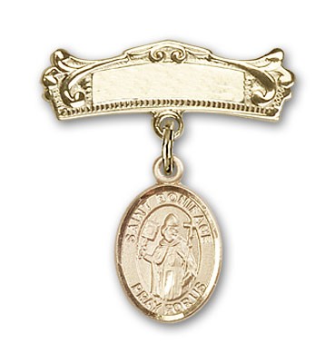 Pin Badge with St. Boniface Charm and Arched Polished Engravable Badge Pin - Gold Tone