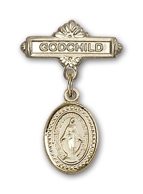 Baby Pin with Miraculous Charm and Godchild Badge Pin - 14K Solid Gold