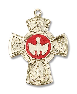 Men's Red Enamel Dove Center Five-Way Medal - 14K Solid Gold