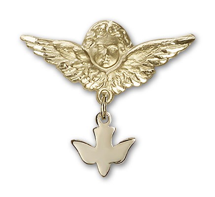 Baby Pin with Holy Spirit Charm and Angel with Larger Wings Badge Pin - 14K Solid Gold