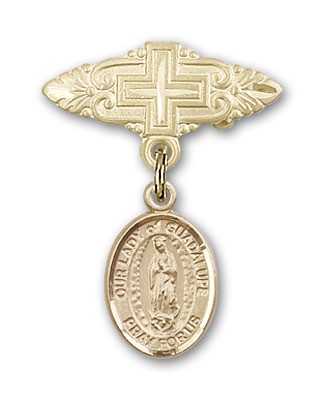 Pin Badge with Our Lady of Guadalupe Charm and Badge Pin with Cross - Gold Tone