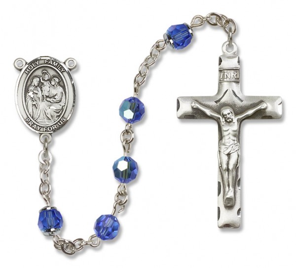 Holy Family Sterling Silver Heirloom Rosary Squared Crucifix - Sapphire