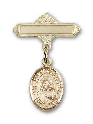 Pin Badge with Our Lady of Good Counsel Charm and Polished Engravable Badge Pin - 14K Solid Gold