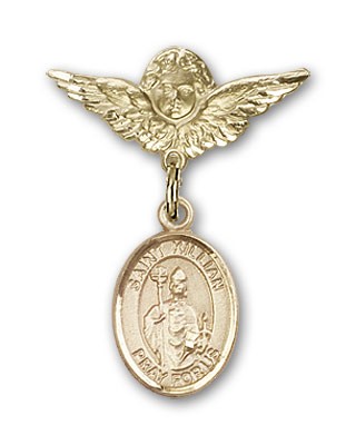 Pin Badge with St. Kilian Charm and Angel with Smaller Wings Badge Pin - Gold Tone