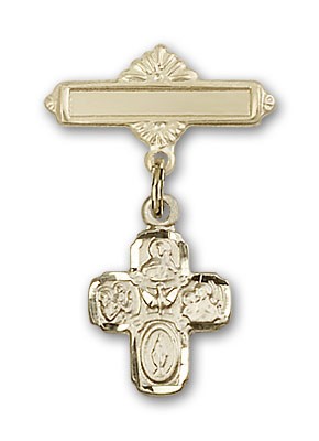 Pin Badge with 4-Way Charm and Polished Engravable Badge Pin - Gold Tone
