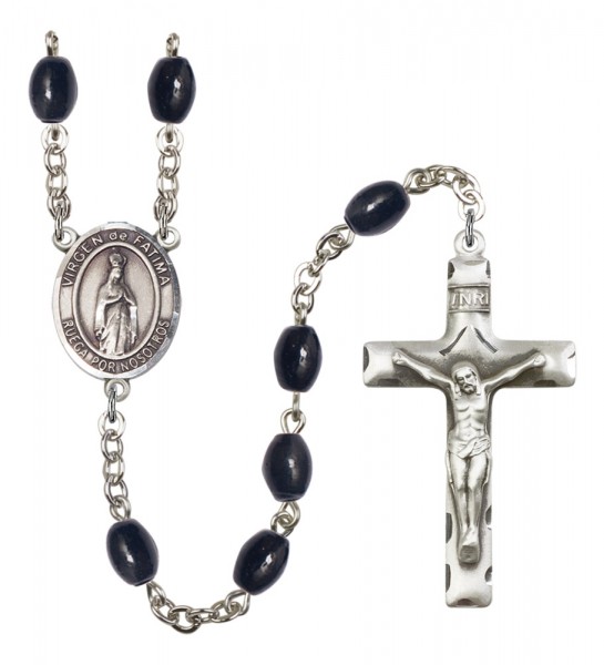 Men's Virgen del Fatima Silver Plated Rosary - Black Oval