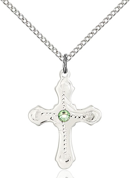 Youth Cross Pendant with Dotted Etching with Birthstone Options - Peridot