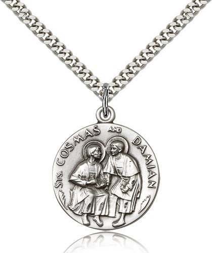 Men's Round Saints Cosmas &amp; Damian Medal - Sterling Silver