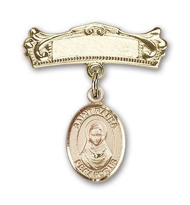 Pin Badge with St. Rafka Charm and Arched Polished Engravable Badge Pin - 14K Solid Gold