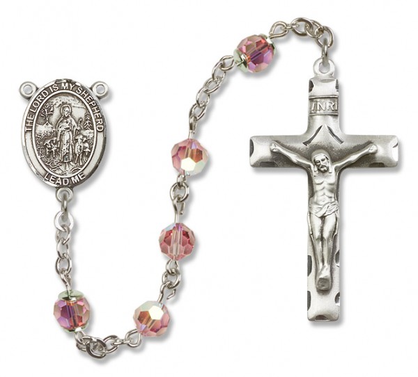 Lord Is My Shepherd Sterling Silver Heirloom Rosary Squared Crucifix - Light Rose