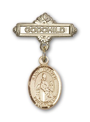 Pin Badge with St. Walter of Pontnoise Charm and Godchild Badge Pin - Gold Tone
