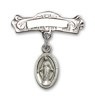 Pin Badge with Blue Miraculous Charm and Arched Polished Engravable Badge Pin - Silver tone