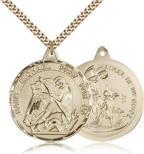 Men's Large Round Double-sided St. Michael Guardian Angel Medal - 14KT Gold Filled