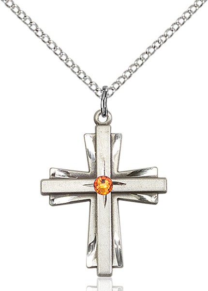 Women's Cross on Cross Pendant with Birthstone Options - Topaz