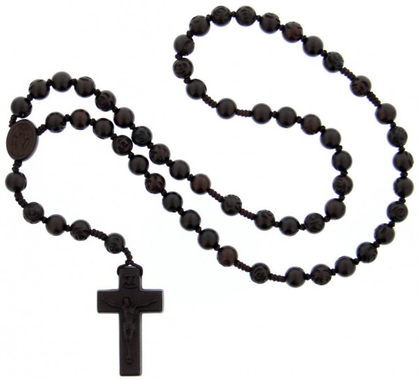 Jujube Wood 5 Decade Rose Bead Rosary - 10mm - Brown