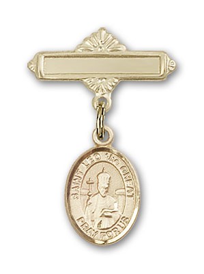 Pin Badge with St. Leo the Great Charm and Polished Engravable Badge Pin - Gold Tone