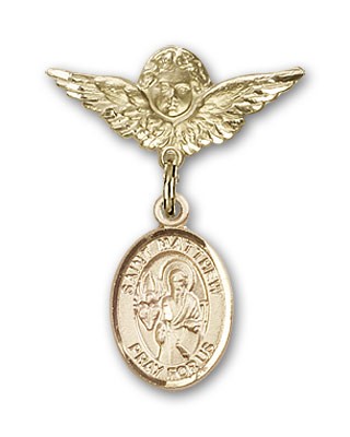 Pin Badge with St. Matthew the Apostle Charm and Angel with Smaller Wings Badge Pin - Gold Tone