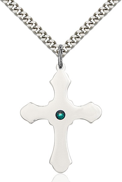 Large High Polished Soft Edge Cross Pendant with Birthstone Options - Emerald Green