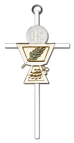 First Communion Chalice and Holy Host Wall Cross 6&quot;  - Two-Tone Silver