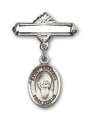 Pin Badge with St. Sharbel Charm and Polished Engravable Badge Pin - Silver tone