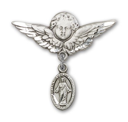 Pin Badge with Scapular Charm and Angel with Larger Wings Badge Pin - Silver tone