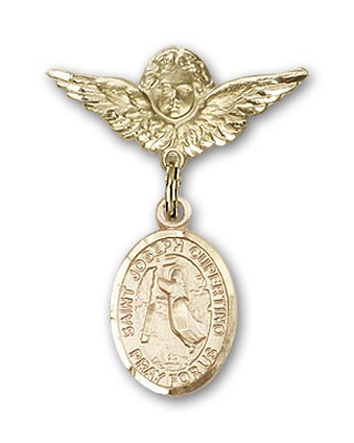 Pin Badge with St. Joseph of Cupertino Charm and Angel with Smaller Wings Badge Pin - Gold Tone