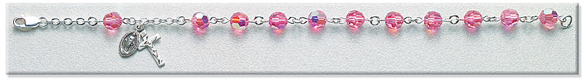 Rosary Bracelet - Sterling Silver with 7mm Pink Swarovski Beads - Pink