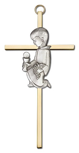 First Communion Boy Cross  6 inch - Two-Tone Gold