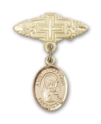 Pin Badge with St. Apollonia Charm and Badge Pin with Cross - Gold Tone