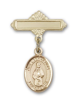 Pin Badge with Our Lady of Hope Charm and Polished Engravable Badge Pin - 14K Solid Gold