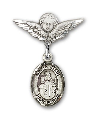 Pin Badge with Maria Stein Charm and Angel with Smaller Wings Badge Pin - Silver tone