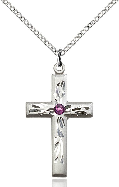 Squared Edge Cross with Vine Etching with Birthstone Options - Amethyst