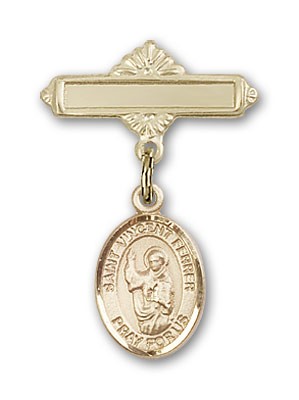 Pin Badge with St. Vincent Ferrer Charm and Polished Engravable Badge Pin - Gold Tone