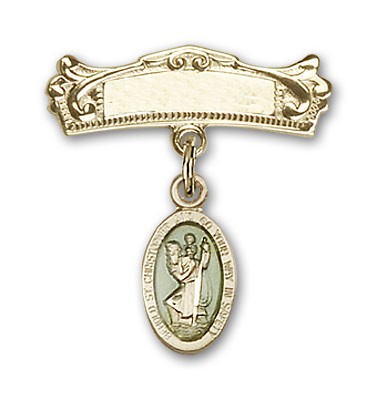 Pin Badge with St. Christopher Charm and Arched Polished Engravable Badge Pin - 14KT Gold Filled | Blue Enamel