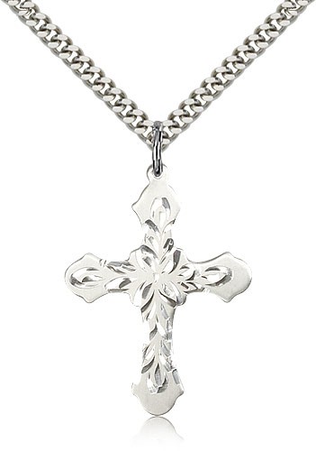 Fancy Hand Etching Cross Pendant - Sterling Silver