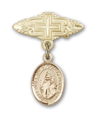Pin Badge with Our Lady of Consolation Charm and Badge Pin with Cross - 14K Solid Gold