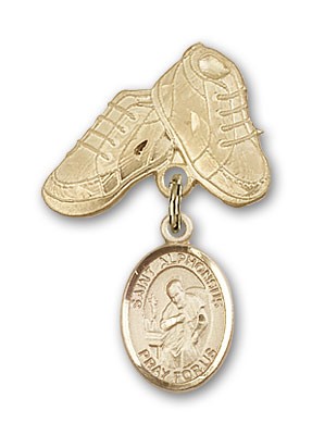 Pin Badge with St. Alphonsus Charm and Baby Boots Pin - 14K Solid Gold