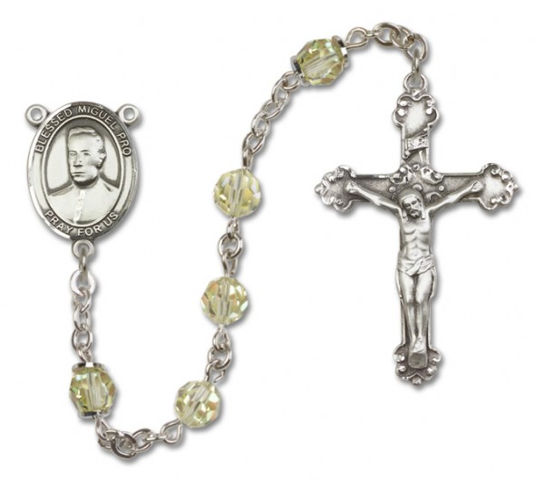 Blessed Miguel Pro Sterling Silver Heirloom Rosary Fancy Crucifix - Zircon