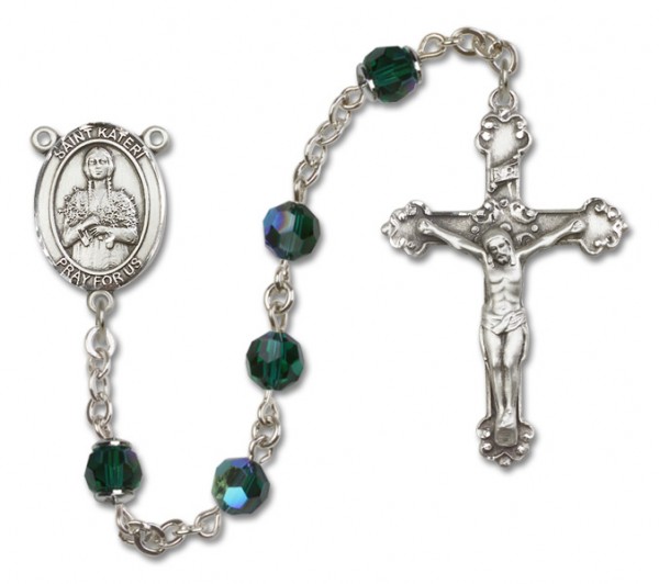 St. Kateri Sterling Silver Heirloom Rosary Fancy Crucifix - Emerald Green