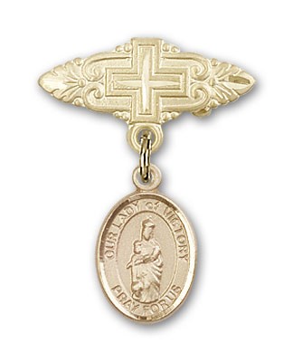 Pin Badge with Our Lady of Victory Charm and Badge Pin with Cross - 14K Solid Gold