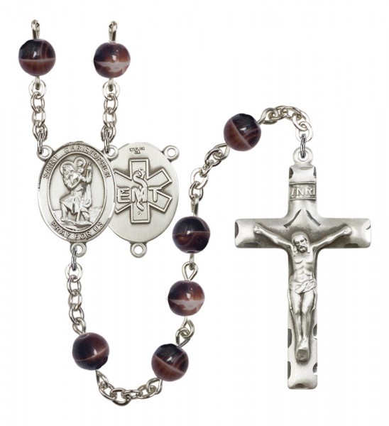 Men's St. Christopher EMT Silver Plated Rosary - Brown