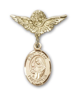 Pin Badge with St. Clare of Assisi Charm and Angel with Smaller Wings Badge Pin - Gold Tone