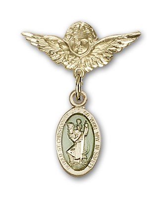 Pin Badge with St. Christopher Charm and Angel with Smaller Wings Badge Pin - 14KT Gold Filled | Blue Enamel