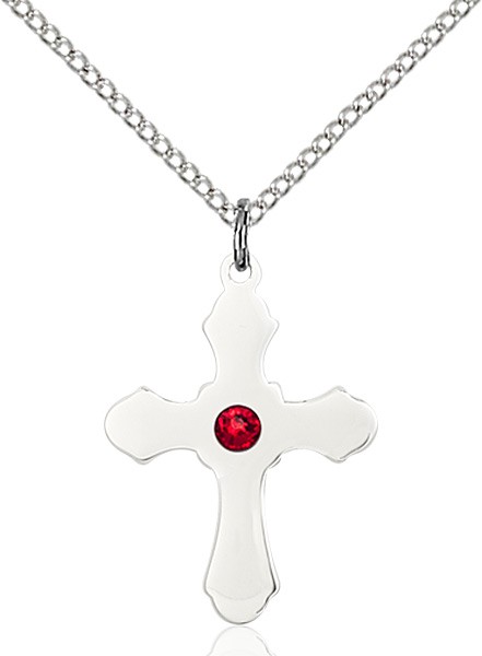 Medium High Polished Soft Edge Cross Pendant with Birthstone Options - Ruby Red